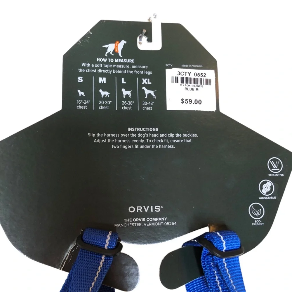 NEW Orvis Tough Trail 4 Point Dog Harness Size Medium Blue